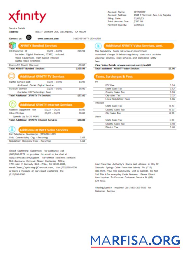 Printable San Francisco Xfinity Comcast utility business bill SCR page 2 example